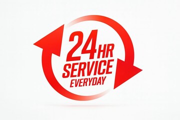 Red circular arrow symbol indicating 24 hour service available everyday for customer support and business operations