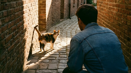 A man in a casual mood interacts with a cat in an urban alleyway during the day
