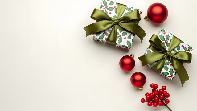 Festive Holiday presents and ornaments elegantly arranged for a merry celebration