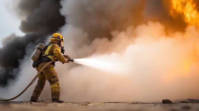 Brave firefighter extinguishing a large fire with water in a challenging blaze at a disaster site in the evening