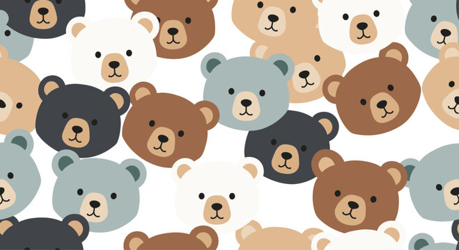 Adorable seamless pattern background filled with cute cartoon bear faces in a variety of soft colors like brown, grey, and white.