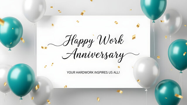 Happy work anniversary celebration with teal and white balloons and confetti