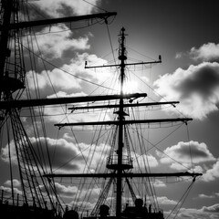 Dramatic Black and White Silhouette of a Tall Ships Masts Against a Cloudy Sky.
