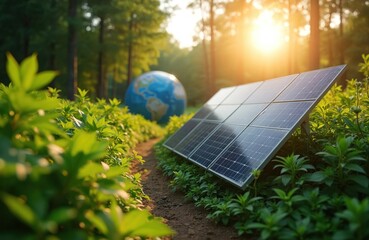 Obraz premium Solar panel stands among green plants near forest. Earth globe represents eco energy solutions, eco protection. Clean electricity, green technology, ecological lifestyle. Sustainability theme