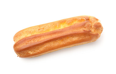 One tasty eclair isolated on white. Delicious dessert