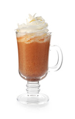 Warm pumpkin latte with whipped cream isolated on white
