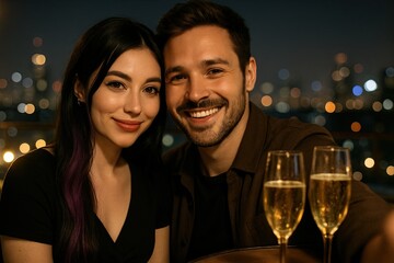 Romantic selfie scene romantic selfie at a rooftop bar at night city lights twinkling in the background champagne glasses dreamy bokeh effect