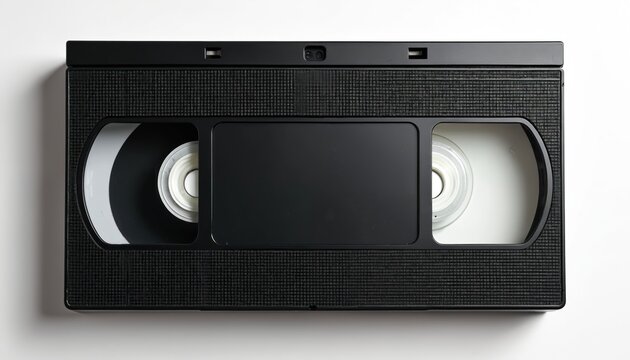 Top view of isolated black plastic video cassette on white. Old magnetic vhs tape for record. Retro analog videotape storage. Media archive format of past cinema tech. Memories in vintage style.