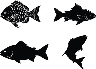 Four fish silhouettes in black and white with varied styles and textures