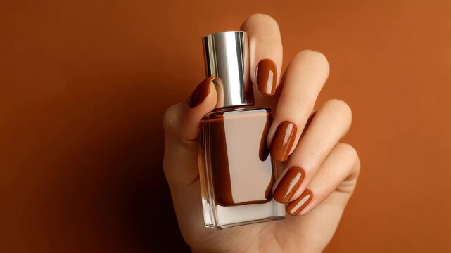 Hand holds a brownish nail polish bottle with neatly manicured nails against a matching warm backdrop in a cozy setting