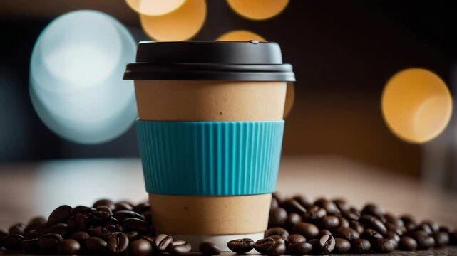 Video A coffee cup sits atop a pile of coffee beans, perfect for a morning pick-me-up or as a decorative accent