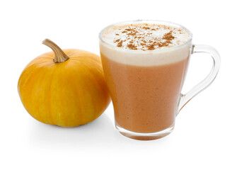 Delicious pumpkin latte in glass cup and fresh vegetable isolated on white