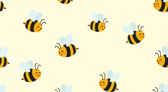 Seamless pattern of adorable smiling bees flying on a soft yellow background, creating a sweet and cheerful nature-themed design.