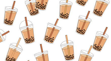 Seamless pattern of delicious bubble milk tea in plastic cups with straws, scattered across a simple white background for beverage lovers.