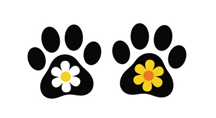 Fototapeta premium Two simple black paw print icons, each decorated with a cute daisy flower in the center, representing a love for pets.
