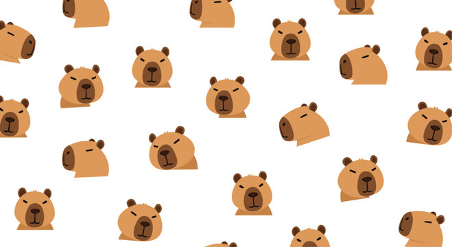 Seamless pattern featuring the cute and sleepy faces of capybaras from different angles on a simple and clean white background.