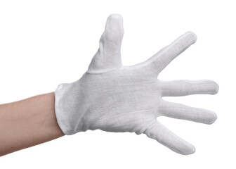 Woman in cloth glove on white background, closeup