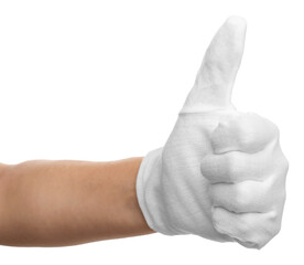 Woman in cloth glove showing thumbs up on white background, closeup