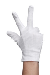 Woman in cloth glove on white background, closeup