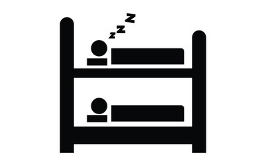 Simple black silhouette icon of a bunk bed with two sleeping figures isolated on white background