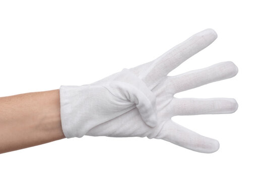 Woman in cloth glove showing number four with her hand against white background, closeup