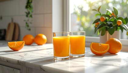 Two juice glasses, oranges, and an orange tree on a kitchen counter