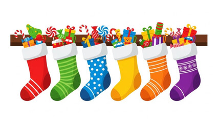 Colorful christmas stockings filled with gifts and candy on a shelf