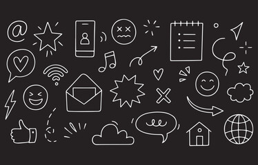 Hand Drawn Internet Emoji and Chat Icon Set  Sketch Reactions, Media, Stars and Arrows Vector