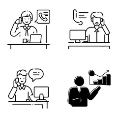 Four outline illustrations depict business scenarios: individuals using phones at desks
