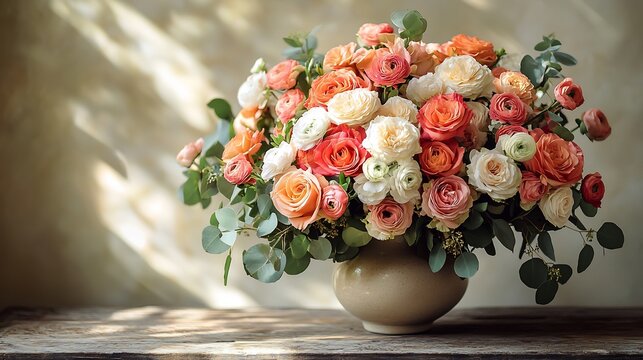 Luxurious bouquet of peach, white, and orange roses with eucalyptus leaves in a ceramic vase, soft light creating a romantic mood - Powered by Adobe
