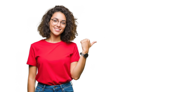 Young woman wearing glasses and red t shirt pointing to the right isolated on transparent background - Powered by Adobe