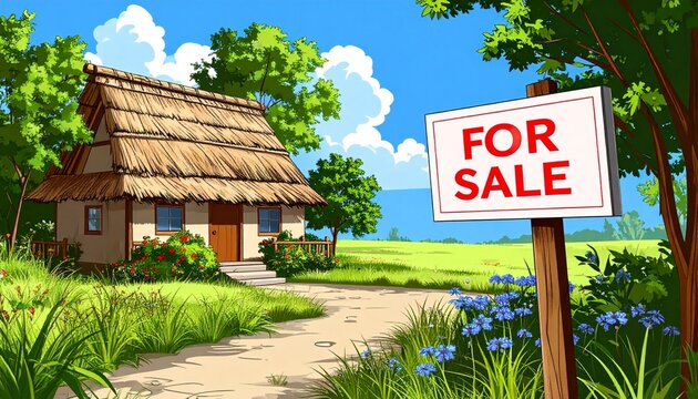 Dessin d'une maison au toit de chaume &agrave; vendre