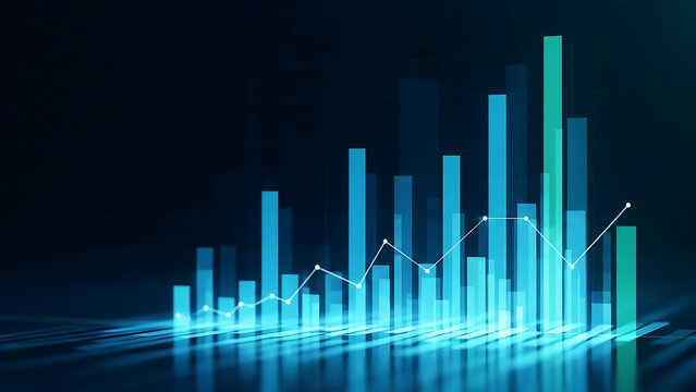 Abstract blue and green bar graph with line chart