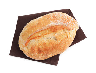 Delicious fresh bread loaf isolated on white, top view