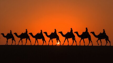Camel Caravan Crosses Desert Dunes at Sunset, Highlighting Endurance and Tradition in Middle Eastern Cultures
