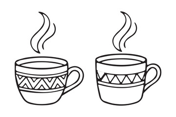 Steaming Hot Coffee Cups in Decorative Line Art Style Vector Illustration Collection for Menus and Branding