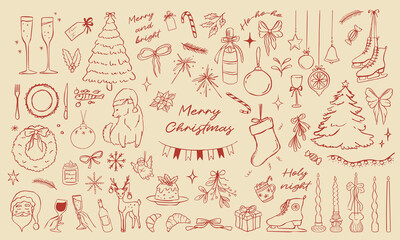 Hand drawn vector Christmas and new year set of cute festive illustrations in trendy whimsical style