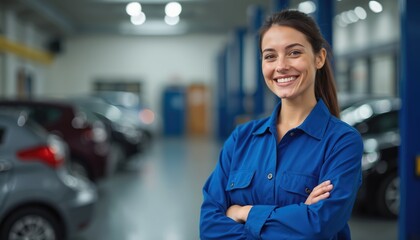 Young smiling woman in blue uniform stands confidently in modern car workshop. Auto mechanic engineer at service center, looking at camera. Pro tech worker in garage with happy face, ready to work,