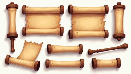 Collection of old parchment scrolls, wooden sticks, unfurled, torn, others rolled tightly. Aged paper, wood textures evoke history. Set includes various scroll shapes, sizes, ready for custom text