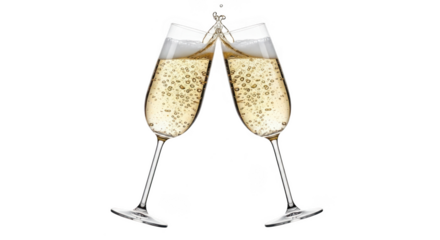 Two champagne flutes clinking with bubbles isolated on transparent background