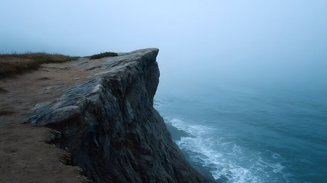 A rugged cliff edge overlooks a vast misty ocean under a foggy atmospheric sky at dusk - Powered by Adobe