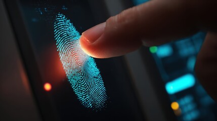 Abstract representation of a fingerprint scan with a human finger touching a digital screen, emphasizing security, technology, and biometric authentication.