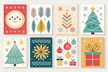 Collection of eight cheerful and colorful christmas and winter holiday greeting card designs with festive illustrations
