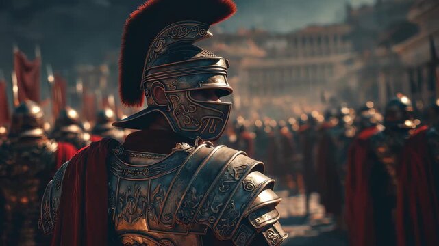 Roman warlord leading army in ancient battlefield against the backdrop of a grand city with soldiers in shining armor, evoking the might of Julius Caesar's reign