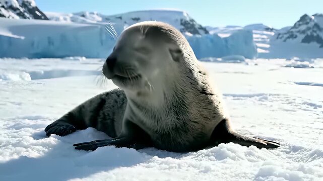 Weddell seal trio lies peacefully in snow covered landscape, conveying serene solitude and tranquility, perfect for evoking calm atmospheres in use cases such as meditation, yoga, spa.