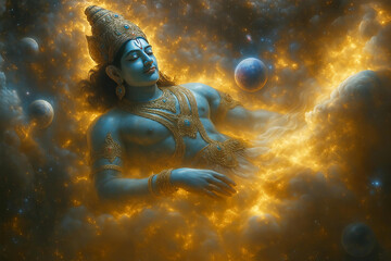 Cosmic Depiction of Shri Vishnu Resting in Celestial Realms