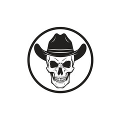 Black and white graphic illustration of a human skull wearing a cowboy hat inside a circle, isolated on white background