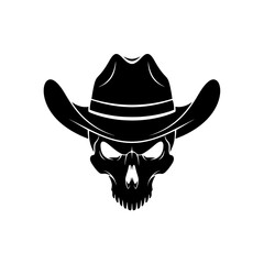 Black silhouette of a menacing skull wearing a widebrimmed cowboy hat, isolated on white background