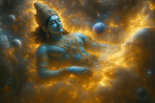 Cosmic Depiction of Shri Vishnu Resting in Celestial Realms