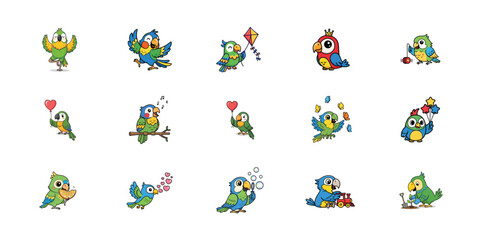 Collection of whimsical parrot illustrations for various occasions and celebrations © mdkamran